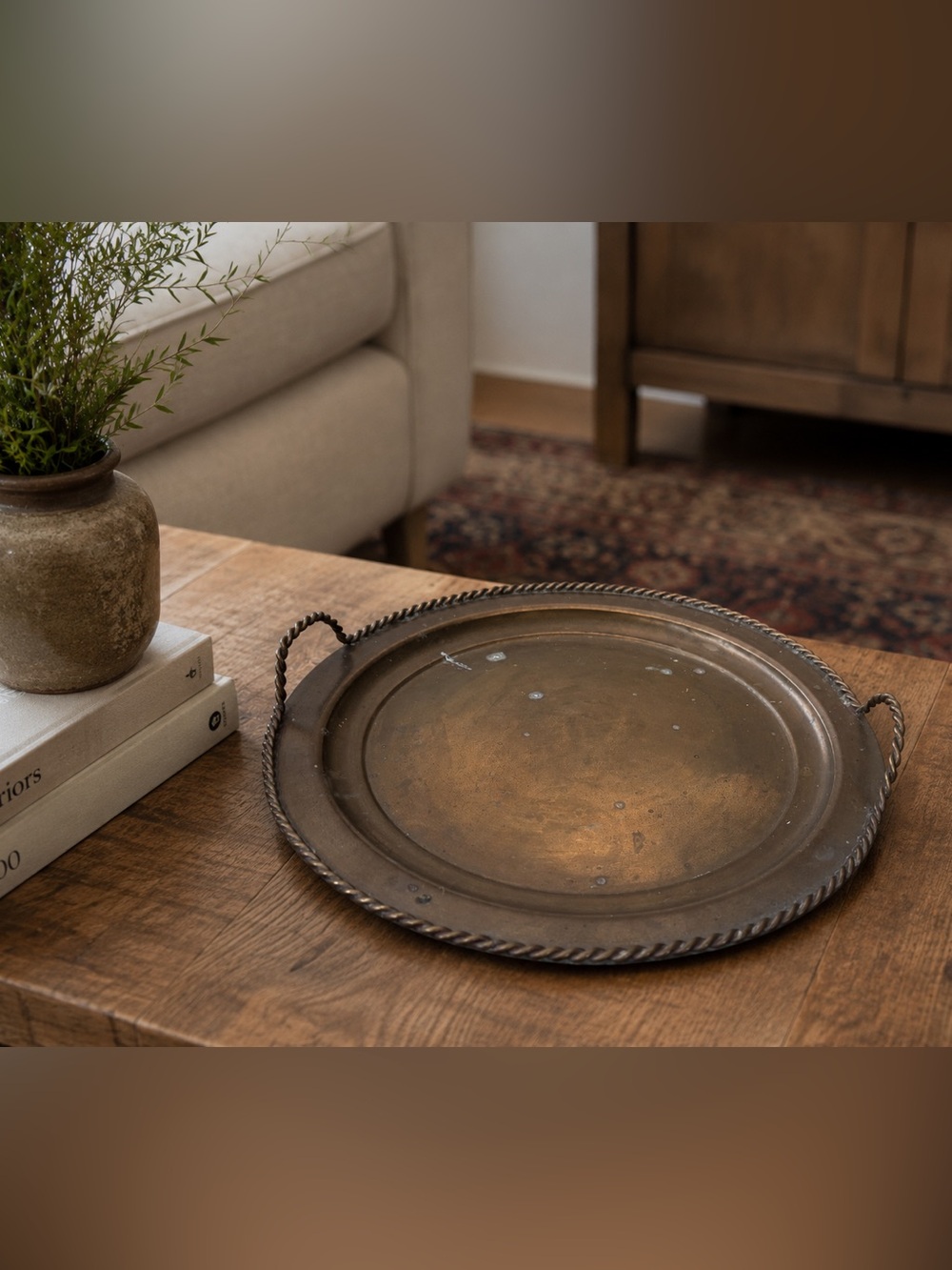Vintage-Style Brass Serving Tray with Rope Handles - Brown